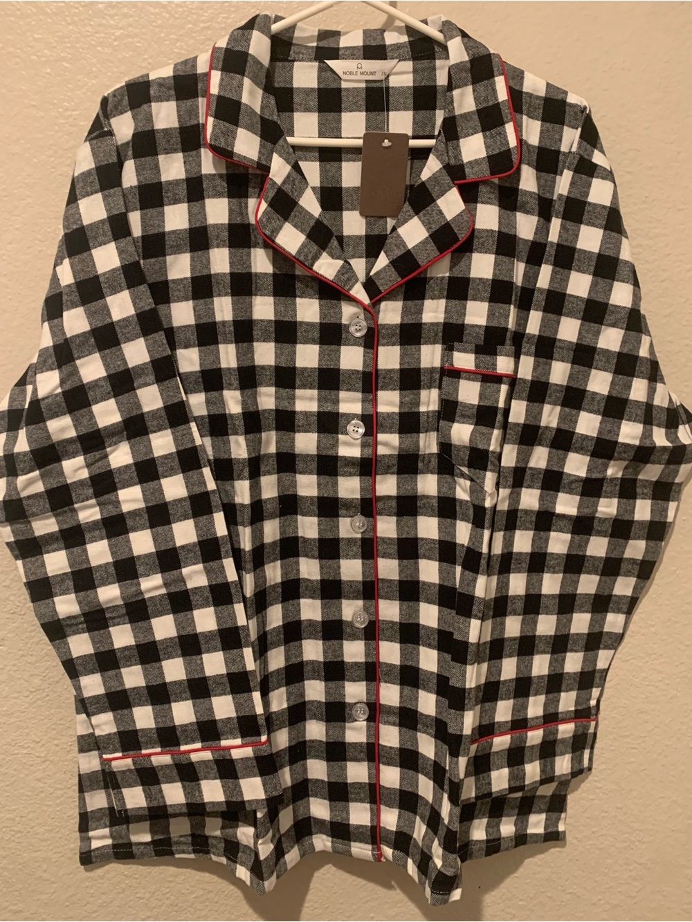 Black & White Plaid Women's Pajama Top with Red Piping